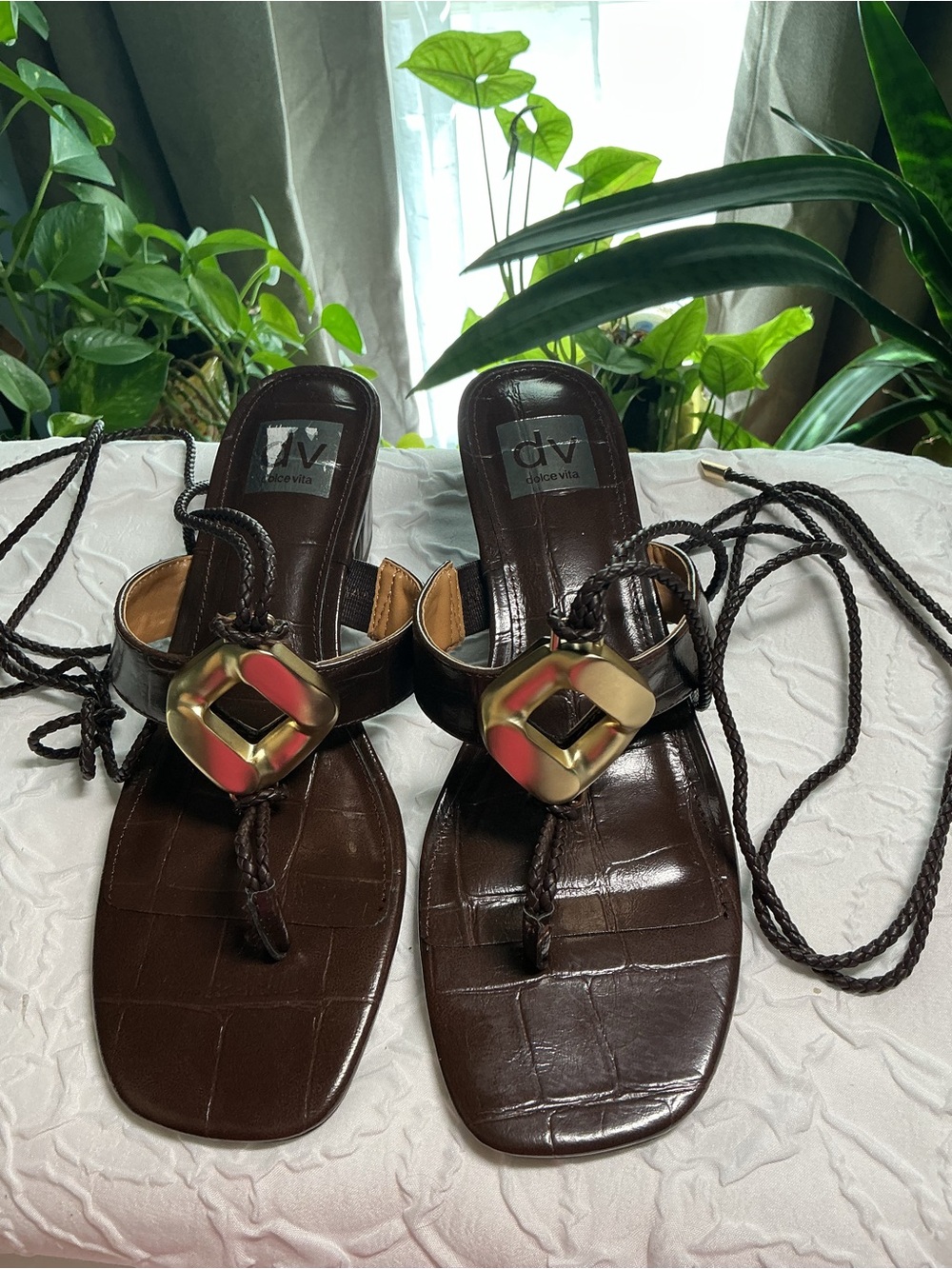 DV by Dolce Vita Dark Brown Leather Toe-Loop Sandals with Gold Buckle